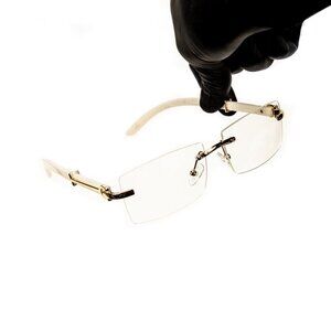 White Wood Arm Rimless Clear Lens Square Gold Frame Unisex Rectangle Glasses